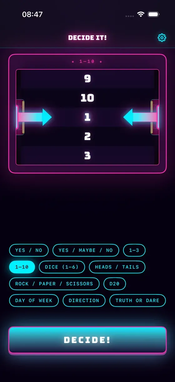 Decide It! iPhone screenshot showing the neon slot-machine picker before a spin