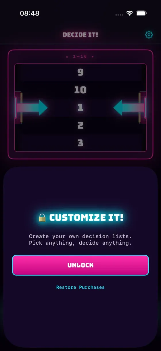 Decide It! iPhone screenshot showing the Customize It upgrade screen
