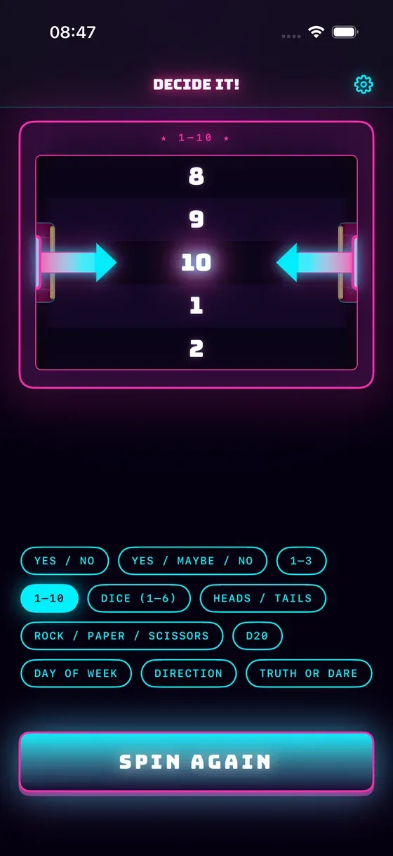 Decide It! main screen showing a selected result and the neon Spin Again button